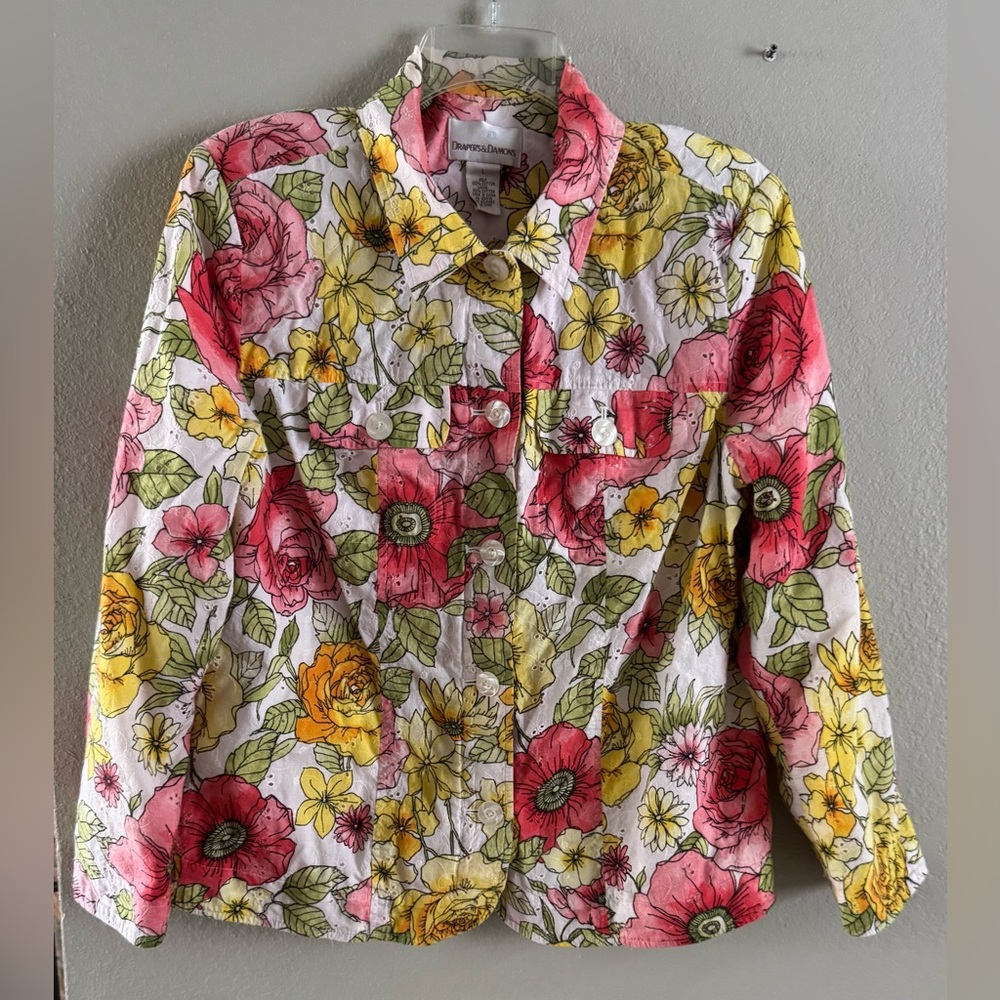 Drapers & Damons Women’s Floral Button-Up Blouse Long Sleeves Collard Shirt Sz L